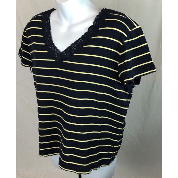 Vintage Ralph Lauren Top XL Blue/yellow Stripe Lace V-neck Tee 90s Y2K preppy - Picture 2 of 5